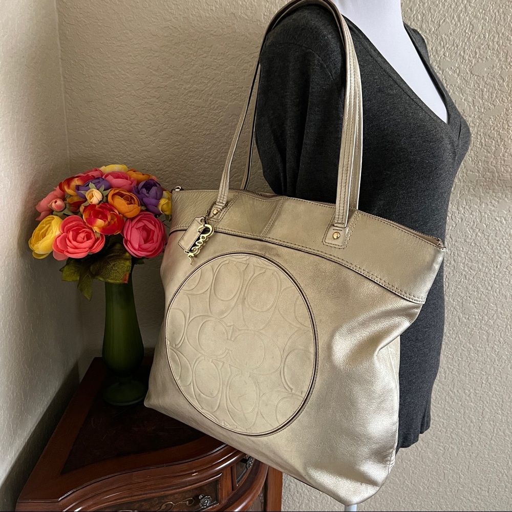 Coach Gold Leather Laura Embossed C Tote Bag - Picture 3 of 15